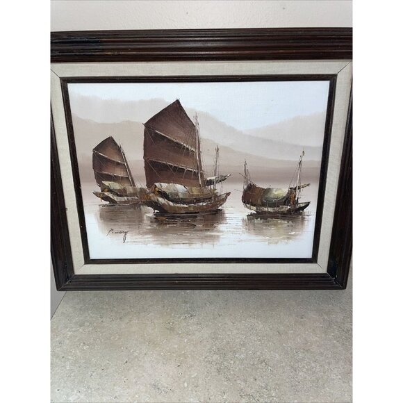 Vintage Original P. Wong Oil on Canvas Framed Chinese Junk Fishing Boats, Signed - Picture 1 of 9